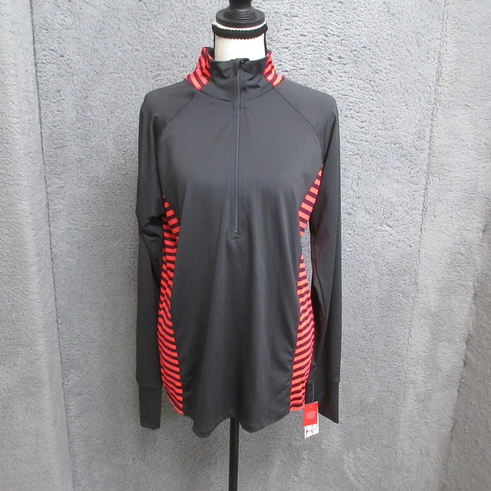 Hannah Shirt Womens XL Black Orange Stripe 1/4 Zip Mock Neck Long Sleeve Running