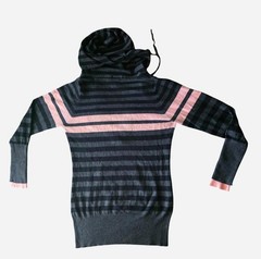 rue21 Women’s Hooded Pullover Hoodie Sweater L Gray Pink Striped Pockets Knit