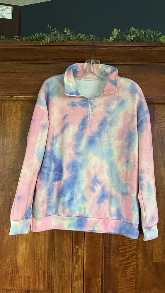 Tie-Dye 1/4 Zip Pullover Sweatshirt Pink Blue White M Polyester Spandex LS