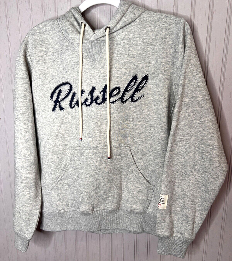 Russell Womens HOODIE S Heather Gray Embroidered Logo Quilted Pocket NEW
