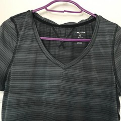 Layer 8 Grey Gym Top UK 8 XS Short Sleeve Quick Dry Stripe V Neck