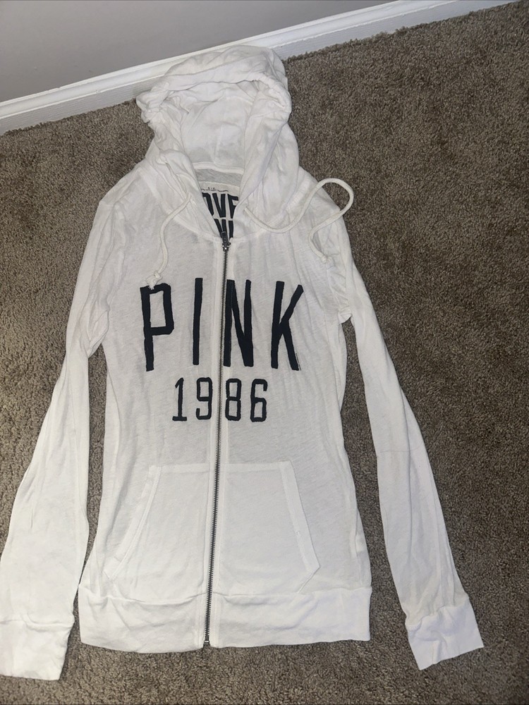 white Victoria’s Secret PINK full-zip hoodie 1986 SIZE – S