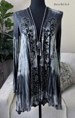 New VOCAL APPAREL Womens CRYSTAL GRAY TIE DYE FLEUR DE LIS CARDIGAN S Small Y2K