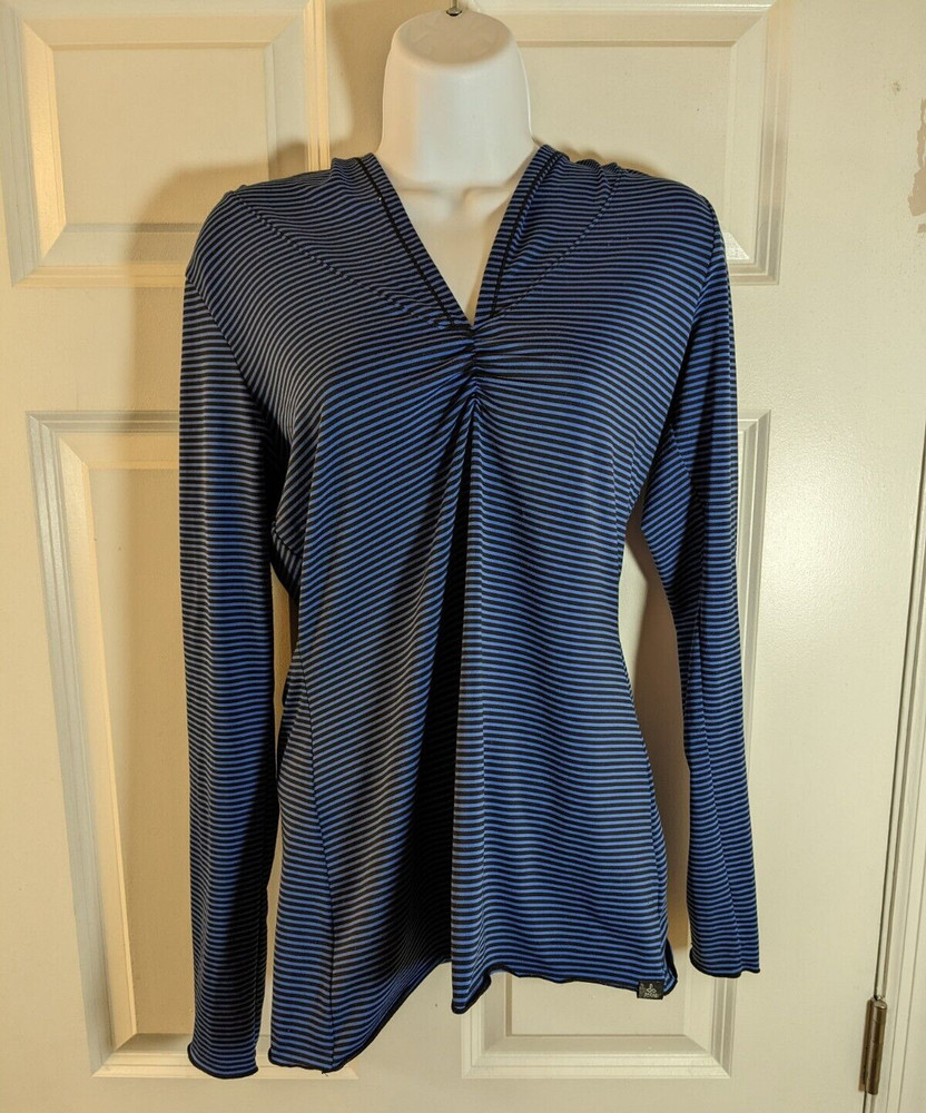 PrAna Women’s, Black and Blue Striped, Hooded, Long Sleeve, pullover, size S