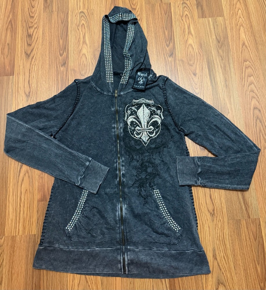 Vocal Hoodie Womens Large Made USA Rhinestone Fleur De Lis Y2K Biker