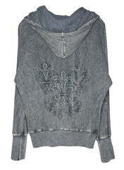 American Age Y2K Rhinestone Embroidered Fleur De Lis Hoodie Gray Speckled Zip Up