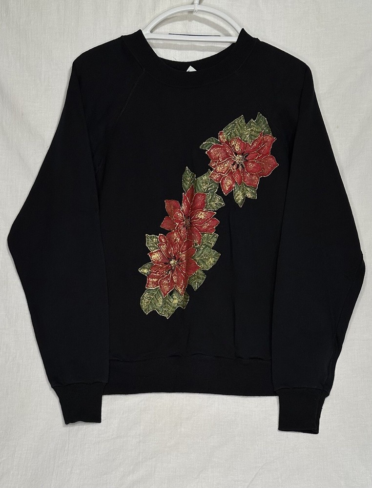 Pannill by Hanes Sweatshirt Womens Size Large Christmas Poinsettia Glitter Black