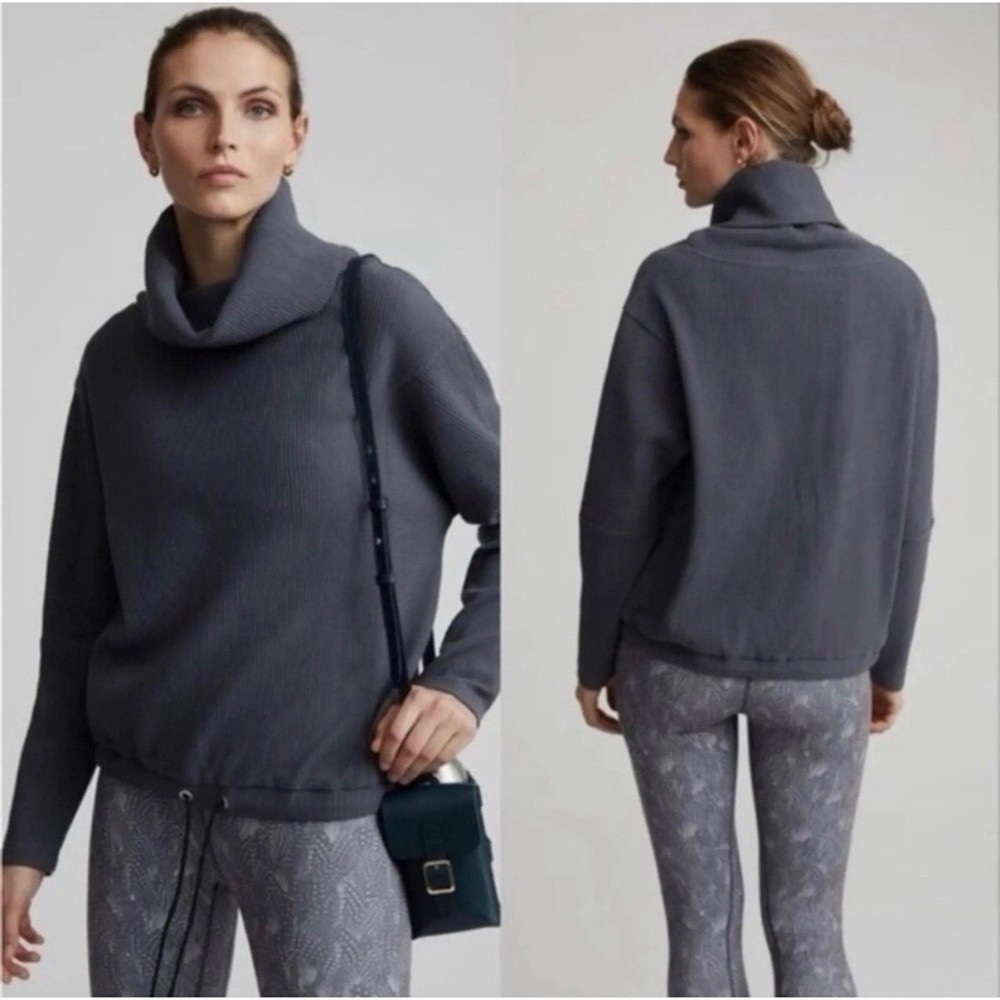 Varley Charles Ribbed Funnel Neck Pullover Gray Drawstring Hem Sweatshirt XS