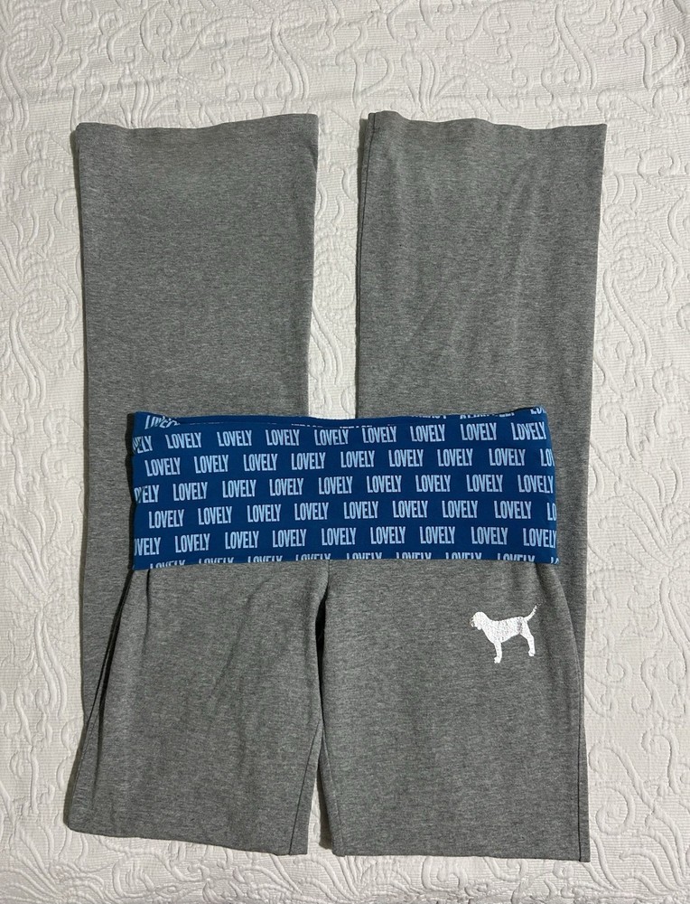 Y2K vtg PINK Women’s Yoga Pants XS Gray Blue Foldover Waist Logo Flare