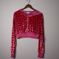 Meysikim Pink Red Heart Velvet Cropped Zip Up Hoodie Womens Size Medium Y2K
