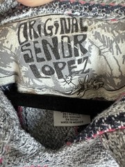 Original Senor Lopez Gray Pink Blue Striped Hoodie Pockets Drawstring L NWOT