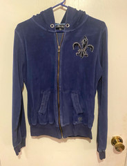 Miss Me Blue Velour Full Zip Hoodie Sequin Rhinestone Fleur De Lis Wings L