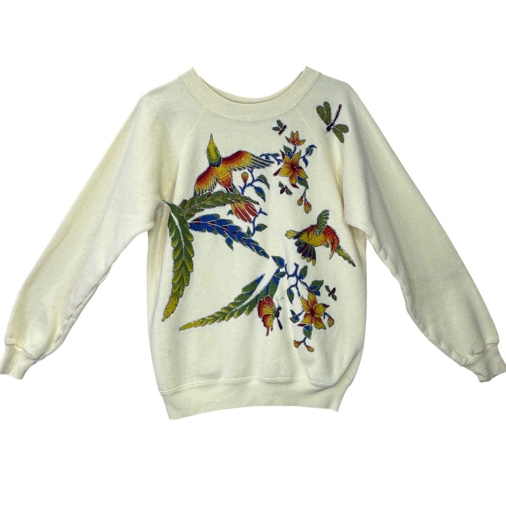 Vintage Hanes Her Way Sweatshirt L Yellow Tropical Bird Butterfly Glitter USA