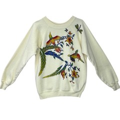 Vintage Hanes Her Way Sweatshirt L Yellow Tropical Bird Butterfly Glitter USA