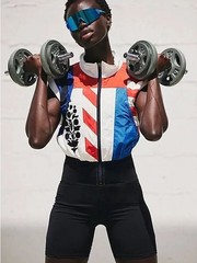 Colorblock Performance Zip-Front Crop Top – Red, Blue & White