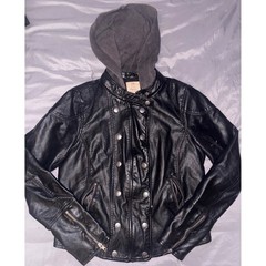 Free People Black Vegan Leather Moto Jacket with Hood | Snap & Zip Front, Medium