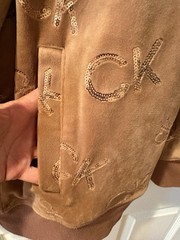 Calvin Klein Women’s Brown Velour Full Zip Hoodie Logo Pattern Pockets XL