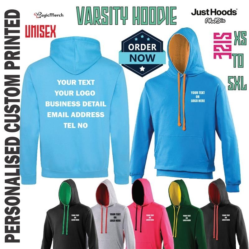 Custom Printed AWDis Varsity Hoodie Your Text Logo Gym Workouts Training Sports