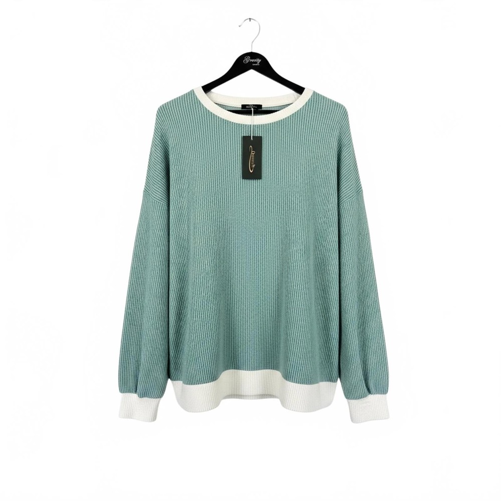 OFEFEAN Womens Oversized Crew Neck Sweater, XL, Light Blue Green White Trim NWT