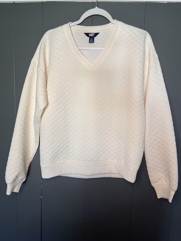 Lands’ End Women’s Quilted V-Neck Pullover Sweatshirt Ivory S Cotton Knit