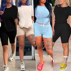 Women’s 2 Piece Casual Fashion Sports Solid Color Suit short Sleeve top and P…