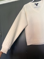 Lands’ End Women’s Quilted V-Neck Pullover Sweatshirt Ivory S Cotton Knit