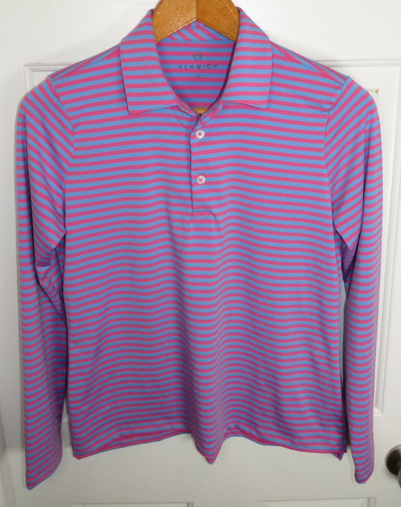 RENWICK Periwinkle Blue Pink Stripe Performance L/S Polo Golf Pickleball Medium