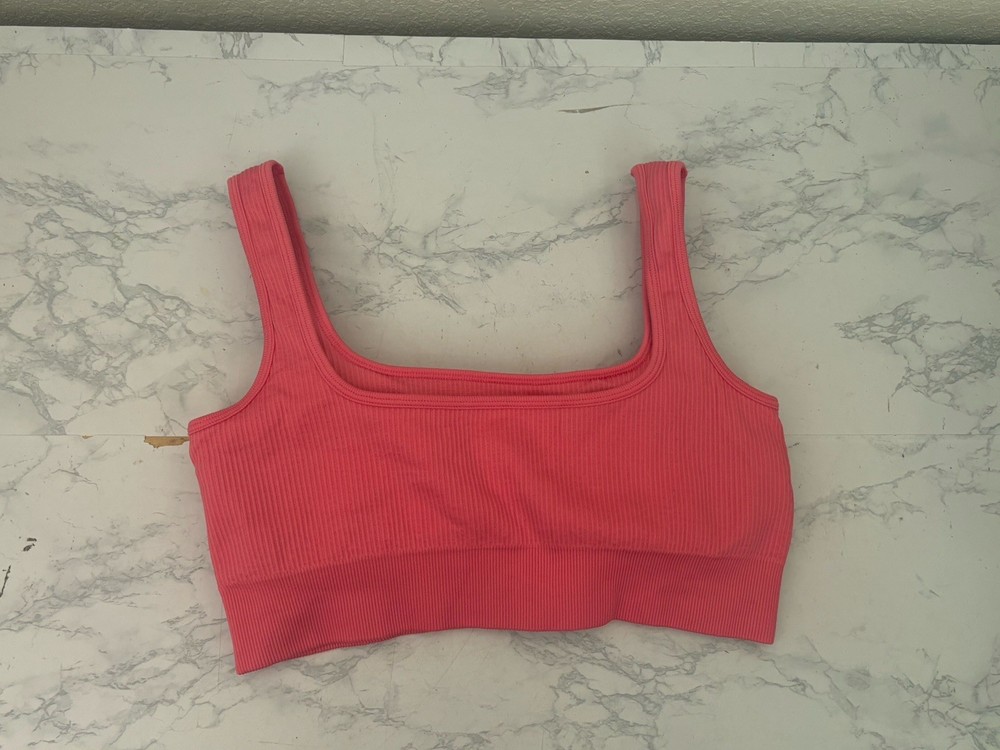 Zenana Womens Ribbed Padded Sports Bra Size L Pink Wide Strap Pullover L