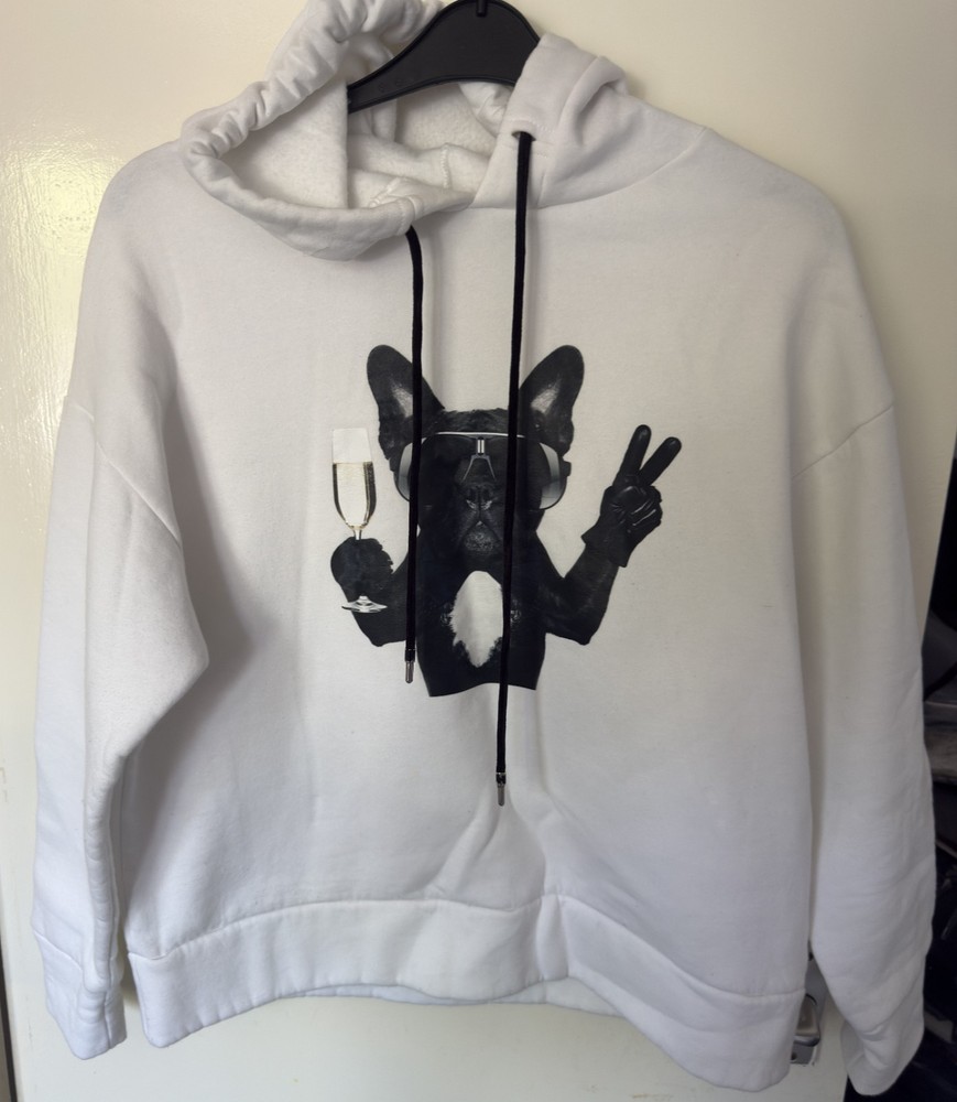 MMK Its OK Hoodie Womens Approx XL White Dog Print Fleece Oversized