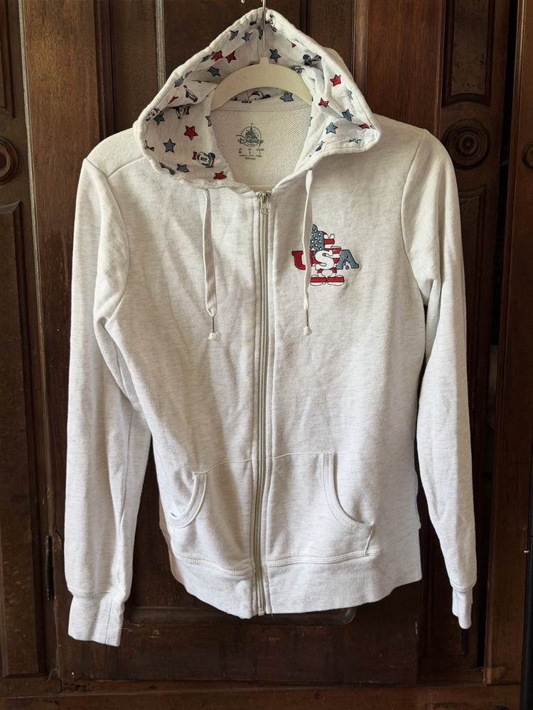 Disney Parks Women’s Full Zip Hoodie Mickey Minnie USA Patriotic White S