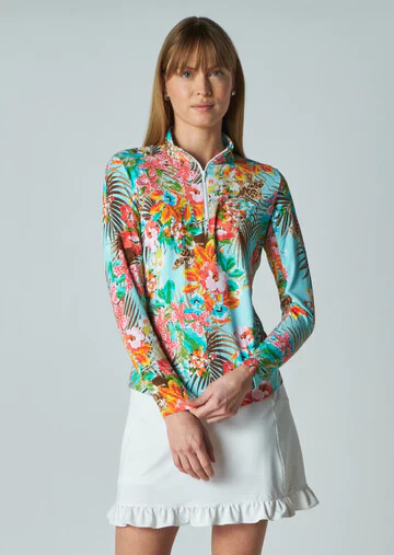 NWT GOTTEX G LIFESTYLE WILD ORCHID AQUA Long Sleeve Mock Golf Shirt – S & M