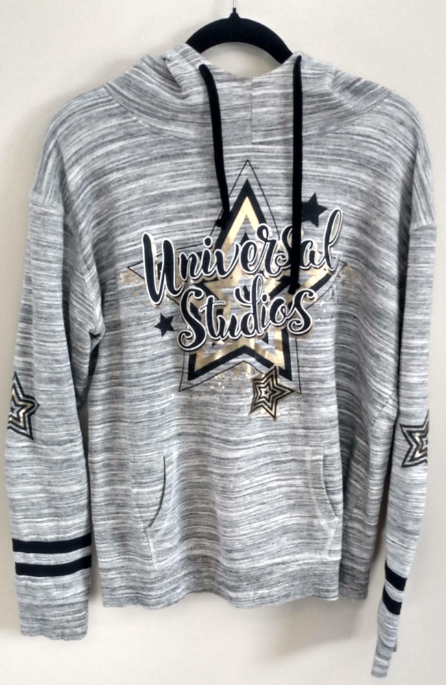 UNIVERSAL STUDIOS Graphic Hoodie XL Metallic Gold Stars Pullover Ringer Sleeve