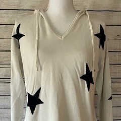 Rachel Zoe White Cashmere Long Sleeve Hoodie with Black Graphic Stars