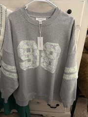 $147 NWT L*Space Anthropologie Lace 98 Graphic Legend Sweatshirt Gray Limeade L