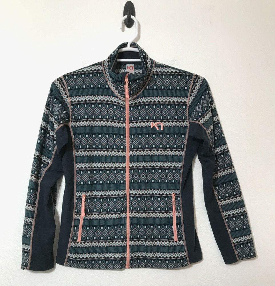 Kari Traa Olga Fleece Size Large Inca Print Zip Pockets Full Zip Gray Blue Pink