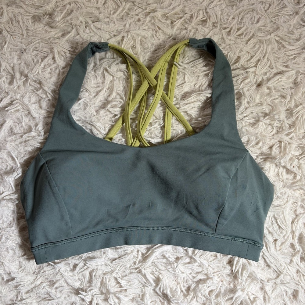 lululemon Gray/Green Strappy Crossback Sports Bra Size 6 Wireless Stretch