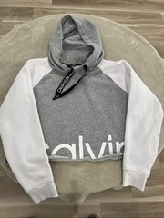 Calvin Klein Women’s Performance Hoodie Womens’s Médium Gray White Cropped Fleec
