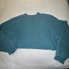 Champion Reverse Weave Cropped Sweatshirt Teal Green XL WL425 Raw Hem Pullover
