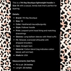 7th Ray Boutique Purple Cheetah Print Hooded Sweatshirt Size 1X