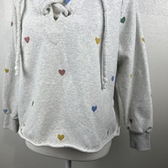 Storia Sweater Women Small Grey Hearts Print Cropped Pullover Oversized Hood