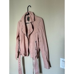 Muubaa Biker Jacket Leather Slim Fit Belted Moto Blush Pink Casual Night Out