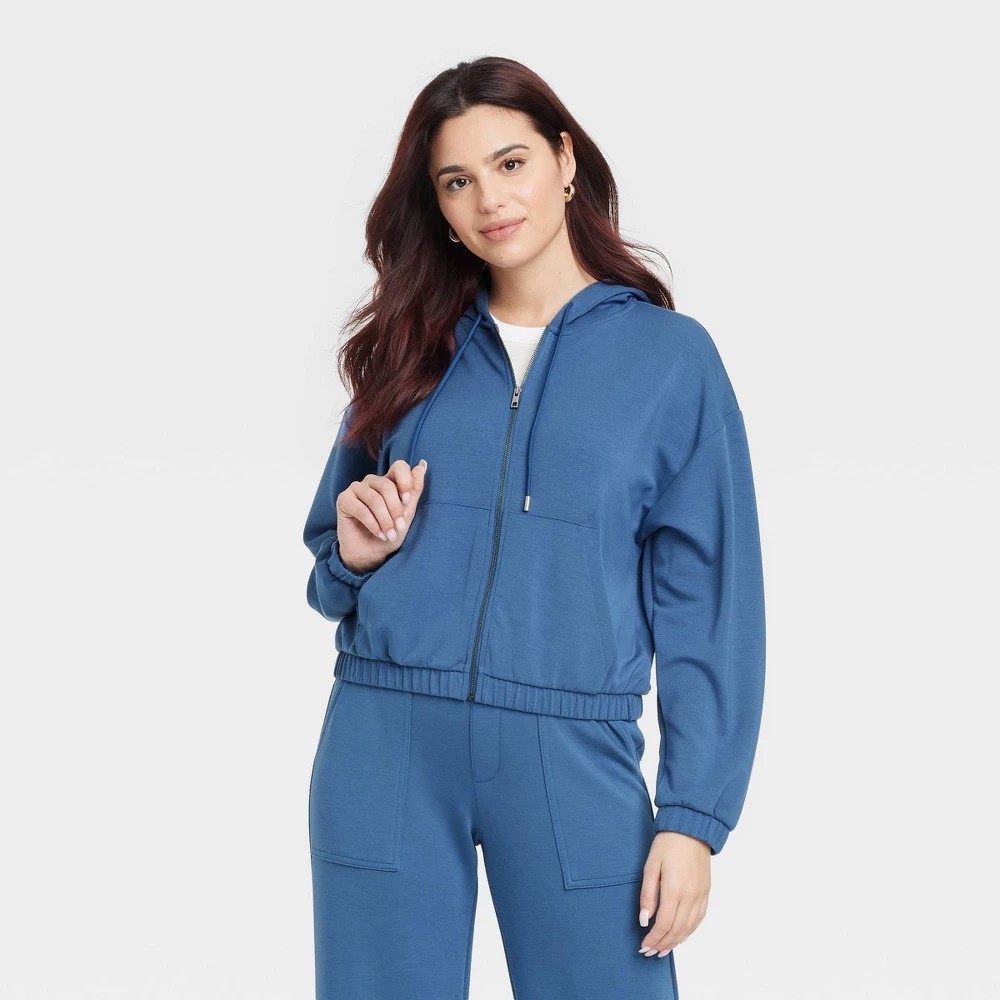 A New Day Sandwash Hooded Zip-Up Sweatshirt W/Pockets Modal Blend Blue XL