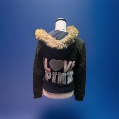 Vtg Victoria Secret Love Pink Y2K Quilted Faux Fur Trim Zip Up Jacket/Hoodie XS
