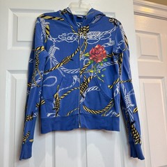 VTG Ed Hardy Womens Y2K Crop Hoodie Hollywood Blue Floral Embroidered Size Small