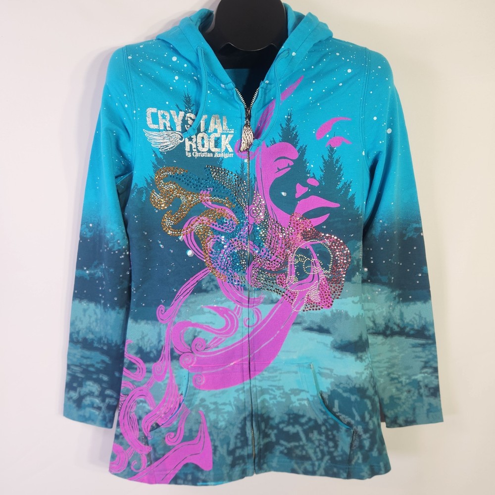 NWT Christian Audigier Crystal Rock Y2K Turquoise Crown Zip Hoodie – Size M