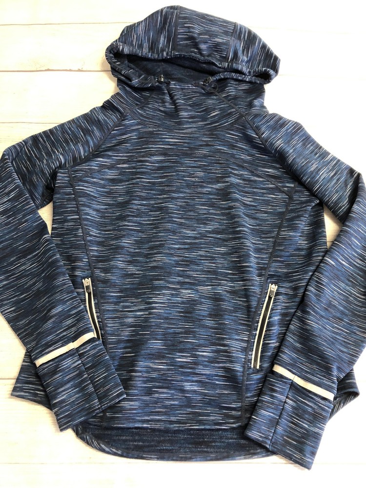 GapFit Hoodie Sweatshirt Womens Medium Blue Striped Fleece Pullover Zip Pockets