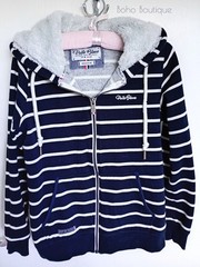 Womens Navy Blue White Striped Hoodie Nautical Hooded Top Zip Front Fleece Lined