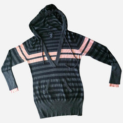 rue21 Women’s Hooded Pullover Hoodie Sweater L Gray Pink Striped Pockets Knit