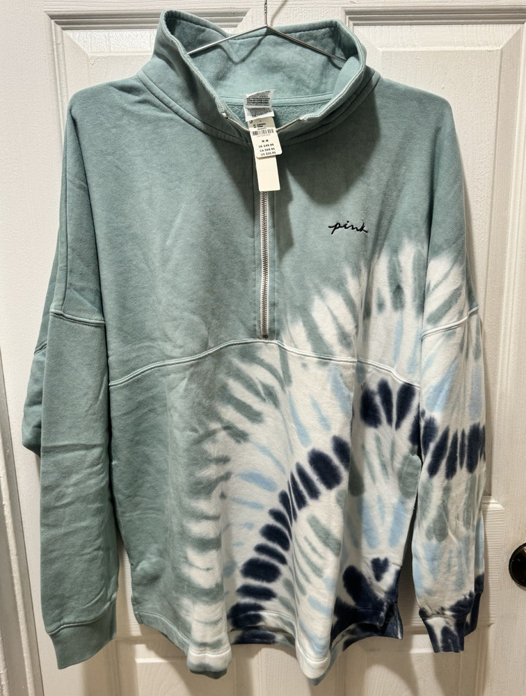Victoria’s Secret PINK Blue/White Tie-Dye 1/2 Zip Logo Sweatshirt Women’s Medium