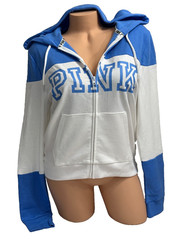 VICTORIA’S SECRET PINK BLUE & WHITE COZY TOP HOODED CROPPED SWEATSHIRT MED NEW
